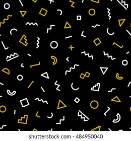 Geometric pattern with gold and white shapes. For use on stickers, banners, cards, advertisement. Geometric pattern hipster memphis style. Vector Illustration