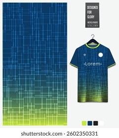 Geometric pattern with gradient background for fabric textile design. Sport shirt mockup template for football, soccer, basketball, cycling, running, rugby, baseball, racing, or sportswear. Vector