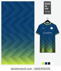 Geometric pattern with gradient background for fabric textile design. Sport shirt mockup template for football, soccer, basketball, cycling, running, rugby, baseball, racing, or sportswear. Vector
