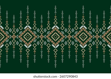 Geometric Pattern in Green Shades, Traditional Cross Stitch and Pixel Art Style, Decorative Textile Background for Fabric,Cloth,Dress,Carpet, Wallpaper,sarong,saree,batik,and Digital Design