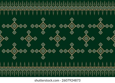 Geometric Pattern in Green Shades, Traditional Cross Stitch and Pixel Art Style, Decorative Textile Background for Fabric,Cloth,Dress,Carpet, Wallpaper,sarong,saree,batik,and Digital Design