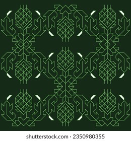 A geometric pattern with green and white colors on a black background, repeated seamless pattern