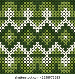 A Geometric pattern with green and white shapes, creating modern textile design. This intricate design features repeating motif that adds depth and texture to any surface