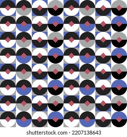 Patrón geométrico con medio círculo en azul, rojo, negro y blanco. Patrón vectorial que se puede repetir sin problemas.