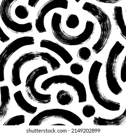 Geometric pattern with half grunge circles. Hand drawn black and white ink illustration. Abstract geometric vector background. Ornament with bold arched brush strokes and dots. Textured bold lines