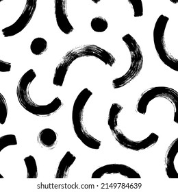 Geometric pattern with half grunge circles. Hand drawn black and white ink illustration. Abstract geometric vector background. Ornament with bold arched brush strokes and dots. Textured bold lines