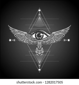 Geometric pattern and hand drawn wings. All seeing eye. Sacred geometry. Sketch for print t shirt and tattoo art. Diamond and drawing bald eagle and eye of providence. Boho chic
