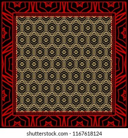 Geometric Pattern with hand-drawing floral ornament. illustration. For fabric, textile, bandana, scarg, print