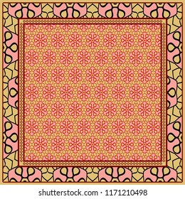 Geometric Pattern with hand-drawing floral ornament. illustration. For fabric, textile, bandana