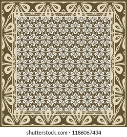 Geometric Pattern with hand-drawing floral ornament. illustration. For fabric, textile, bandana, scarg, print.