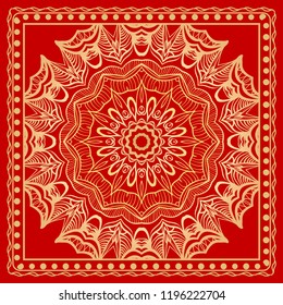 Geometric Pattern with hand-drawing floral ornament. illustration. For fabric, textile, bandana, scarg, print.