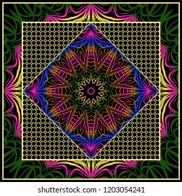 Geometric Pattern with hand-drawing floral ornament. illustration. For fabric, textile, bandana, scarg, print.