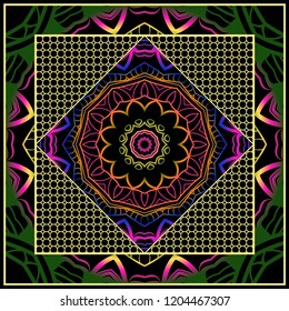 Geometric Pattern with hand-drawing floral ornament. illustration. For fabric, textile, bandana, scarg, print.