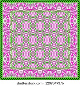 Geometric Pattern with hand-drawing floral ornament. Vector illustration. For fabric, textile, bandana, scarg, print.