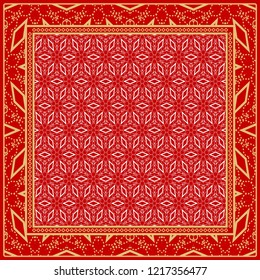 Geometric Pattern with hand-drawing floral ornament. Vector illustration. For fabric, textile, bandana, scarg, print.