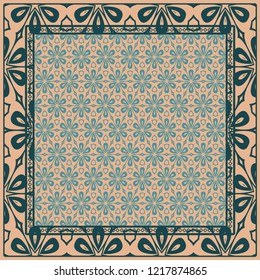 Geometric Pattern with hand-drawing floral ornament. illustration. For fabric, textile, bandana