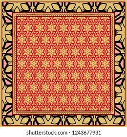Geometric Pattern with hand-drawing floral ornament. illustration. For fabric, textile, bandana, scarg, print.