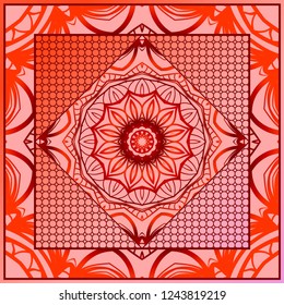 Geometric Pattern with hand-drawing floral ornament. illustration. For fabric, textile, bandana, scarg, print.