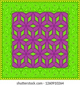 Geometric Pattern with hand-drawing floral ornament. illustration. For fabric, textile, bandana, scarg, print.