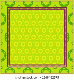 Geometric Pattern With Hand-Drawing Floral Ornament. Vector Illustration. For Fabric, Textile, Bandana, Scarg, Print. Green, yellow color.