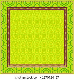 Geometric Pattern With Hand-Drawing Floral Ornament. Vector Illustration. For Fabric, Textile, Bandana, Scarg, Print. Green, yellow color.