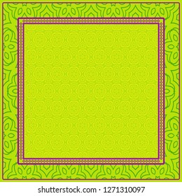 Geometric Pattern With Hand-Drawing Floral Ornament. Vector Illustration. For Fabric, Textile, Bandana, Scarg, Print. Green, yellow color.