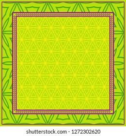 Geometric Pattern With Hand-Drawing Floral Ornament. Vector Illustration. For Fabric, Textile, Bandana, Scarg, Print. Green, yellow color.