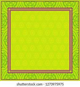 Geometric Pattern With Hand-Drawing Floral Ornament. Vector Illustration. For Fabric, Textile, Bandana, Scarg, Print. Green, yellow color.