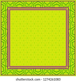 Geometric Pattern With Hand-Drawing Floral Ornament. Vector Illustration. For Fabric, Textile, Bandana, Scarg, Print. Green, yellow color.