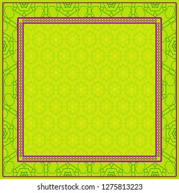 Geometric Pattern With Hand-Drawing Floral Ornament. Vector Illustration. For Fabric, Textile, Bandana, Scarg, Print. Green, yellow color.