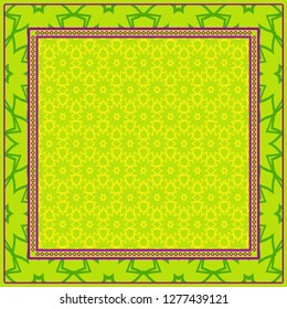 Geometric Pattern With Hand-Drawing Floral Ornament. Vector Illustration. For Fabric, Textile, Bandana, Scarg, Print. Green, yellow color.