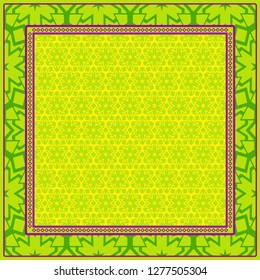 Geometric Pattern With Hand-Drawing Floral Ornament. Vector Illustration. For Fabric, Textile, Bandana, Scarg, Print. Green, yellow color.