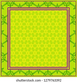 Geometric Pattern With Hand-Drawing Floral Ornament. Vector Illustration. For Fabric, Textile, Bandana, Scarg, Print. Green, yellow color.