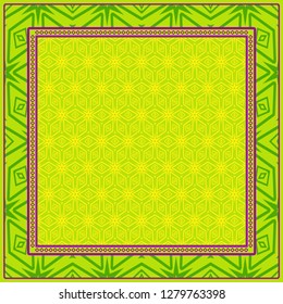 Geometric Pattern With Hand-Drawing Floral Ornament. Vector Illustration. For Fabric, Textile, Bandana, Scarg, Print. Green, yellow color.