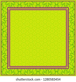 Geometric Pattern With Hand-Drawing Floral Ornament. Vector Illustration. For Fabric, Textile, Bandana, Scarg, Print. Green, yellow color.