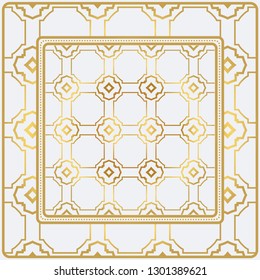 Geometric Pattern With Hand-Drawing Floral Ornament. Vector Illustration. For Fabric, Textile, Bandana, Scarg, Print. Gold color.