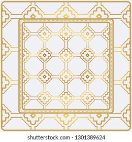 Geometric Pattern With Hand-Drawing Floral Ornament. Vector Illustration. For Fabric, Textile, Bandana, Scarg, Print. Gold color.