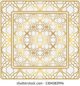 Geometric Pattern With Hand-Drawing Floral Ornament. Vector Illustration. For Fabric, Textile, Bandana, Scarg, Print. Gold color.