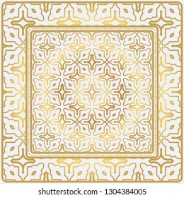 Geometric Pattern With Hand-Drawing Floral Ornament. Vector Illustration. For Fabric, Textile, Bandana, Scarg, Print. Gold color.