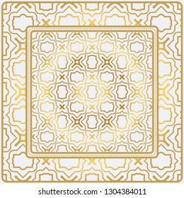 Geometric Pattern With Hand-Drawing Floral Ornament. Vector Illustration. For Fabric, Textile, Bandana, Scarg, Print. Gold color.