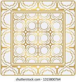Geometric Pattern With Hand-Drawing Floral Ornament. Vector Illustration. For Fabric, Textile, Bandana, Scarg, Print. Gold color.