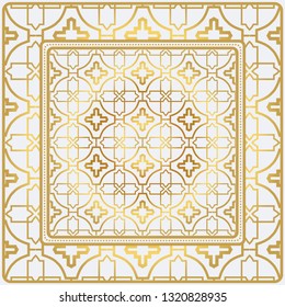 Geometric Pattern With Hand-Drawing Floral Ornament. Vector Illustration. For Fabric, Textile, Bandana, Scarg, Print. Gold color.