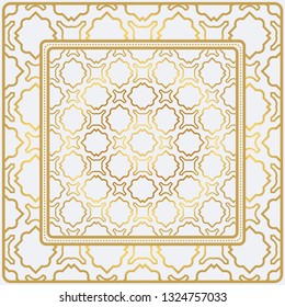 Geometric Pattern With Hand-Drawing Floral Ornament. Vector Illustration. For Fabric, Textile, Bandana, Scarg, Print. Gold color.