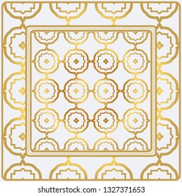 Geometric Pattern With Hand-Drawing Floral Ornament. Vector Illustration. For Fabric, Textile, Bandana, Scarf, Print. Gold color.