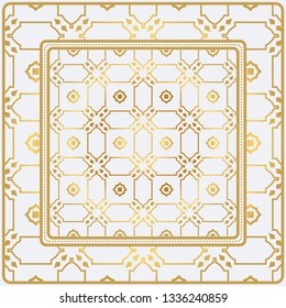 Geometric Pattern With Hand-Drawing Floral Ornament. Vector Illustration. For Fabric, Textile, Bandana, Scarg, Print. Gold color.