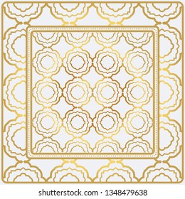 Geometric Pattern With Hand-Drawing Floral Ornament. Vector Illustration. For Fabric, Textile, Bandana, Scarg, Print. Gold color.