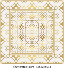 Geometric Pattern With Hand-Drawing Floral Ornament. Vector Illustration. For Fabric, Textile, Bandana, Scarg, Print. Gold color.