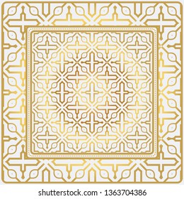 Geometric Pattern With Hand-Drawing Floral Ornament. Vector Illustration. For Fabric, Textile, Bandana, Scarg, Print. Gold color.