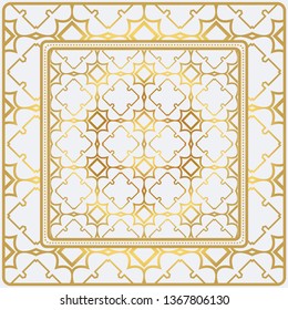 Geometric Pattern With Hand-Drawing Floral Ornament. Vector Illustration. For Fabric, Textile, Bandana, Scarg, Print. Gold color.