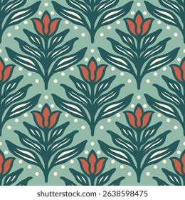 Geometric Pattern - Hand-Drawn Flowers (Dark Green, Soft Green, Caramel, Cream) - Repeating Vector Image; Easily Editable; Endless Design; Colorful lIlustration. Print for Gift Paper, Packaging, etc.